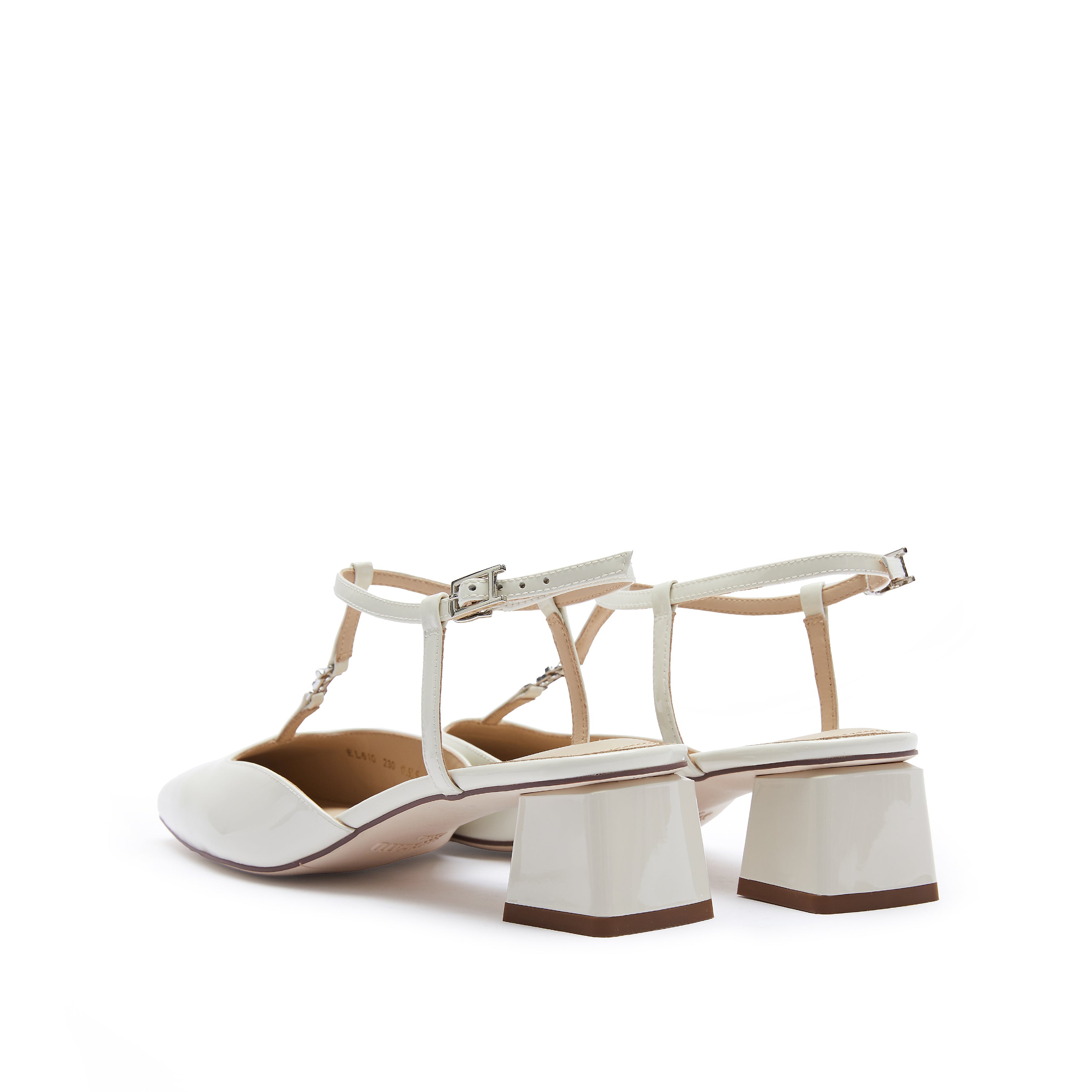 White Square T-Strap Patent Pumps