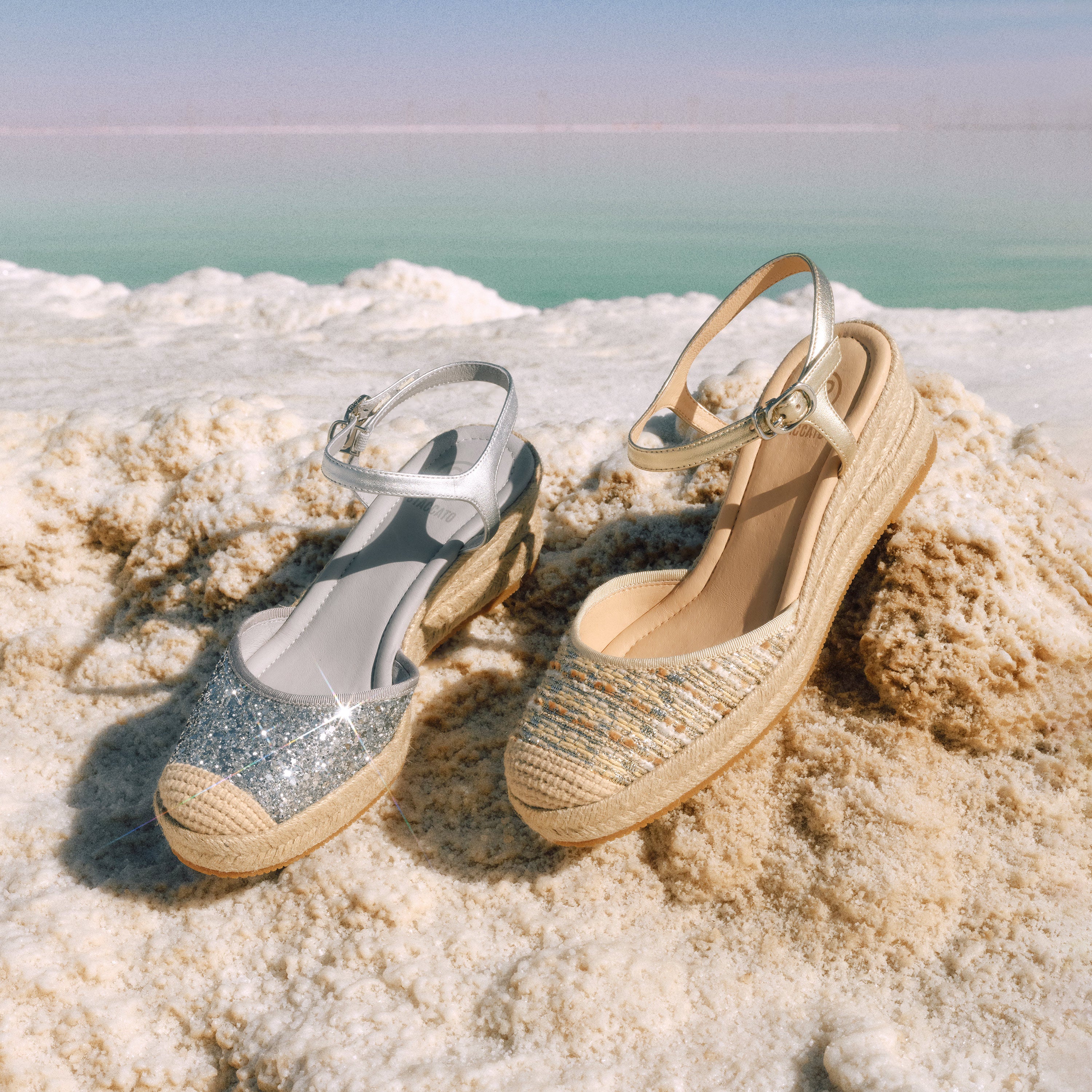 Silver Glitter Espadrille Wedge Sandals