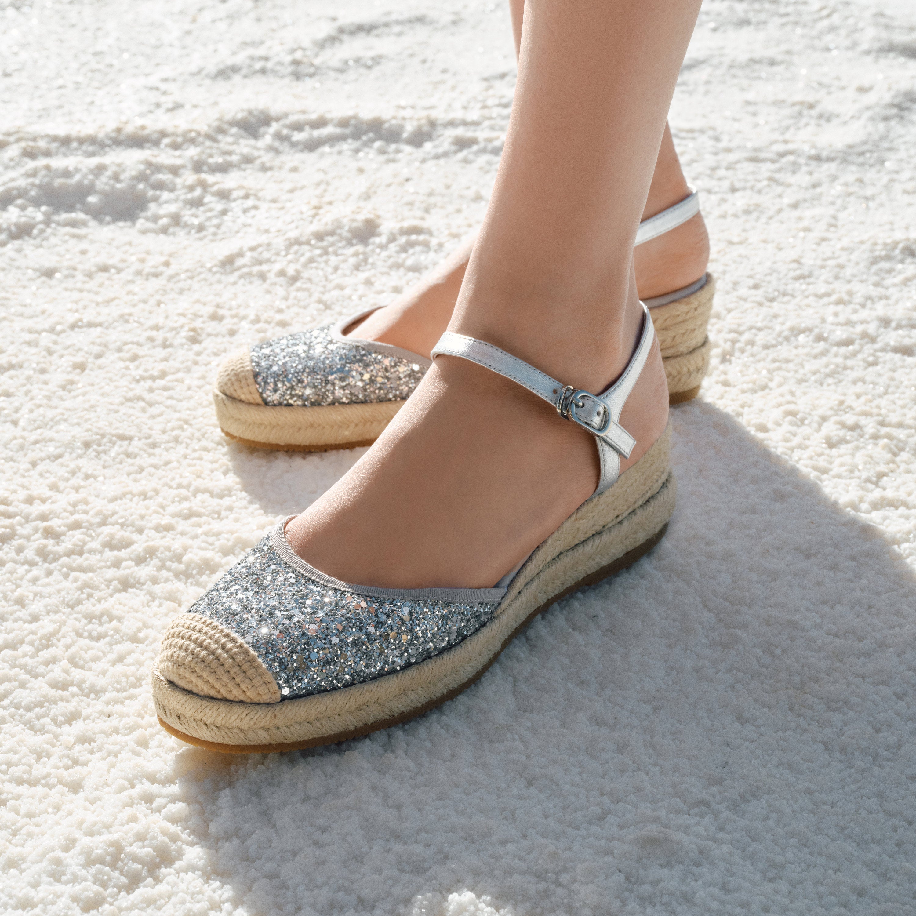 Silver Glitter Espadrille Wedge Sandals