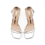 Load image into Gallery viewer, Silver Crystal-Pearl Ankle Strap Block Sandals
