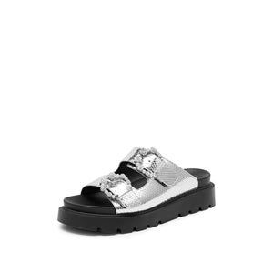 Metallic Crystal Buckle Double Straps Sandals