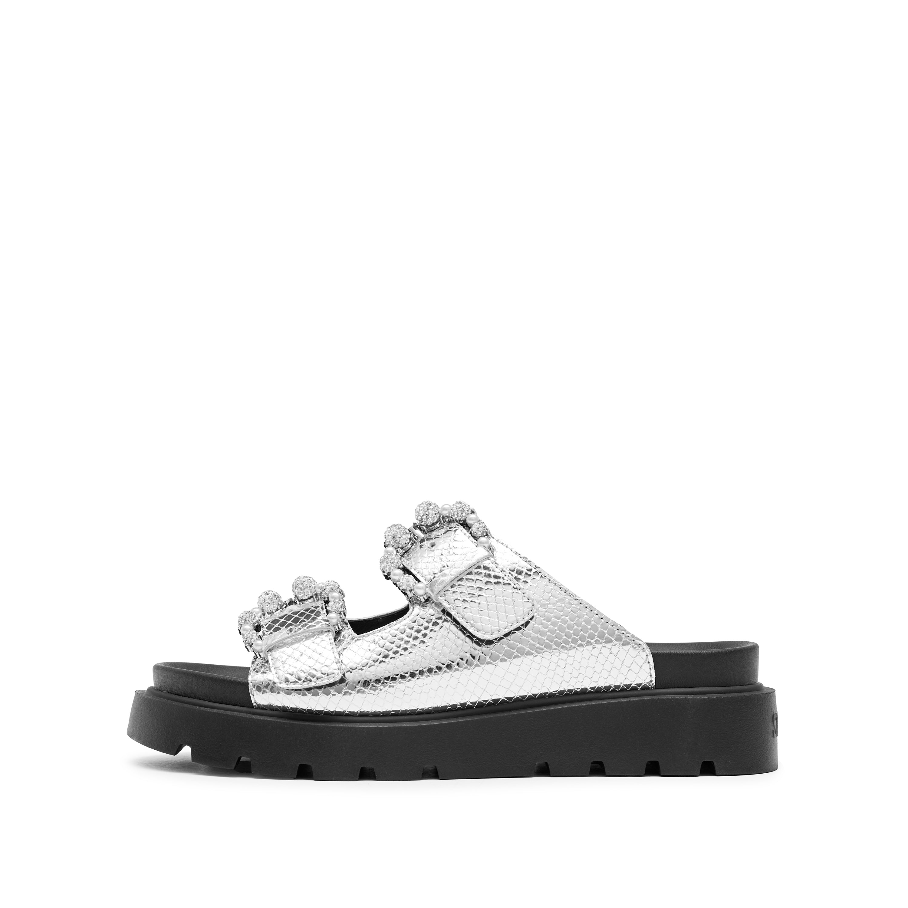 Metallic Crystal Buckle Double Straps Sandals