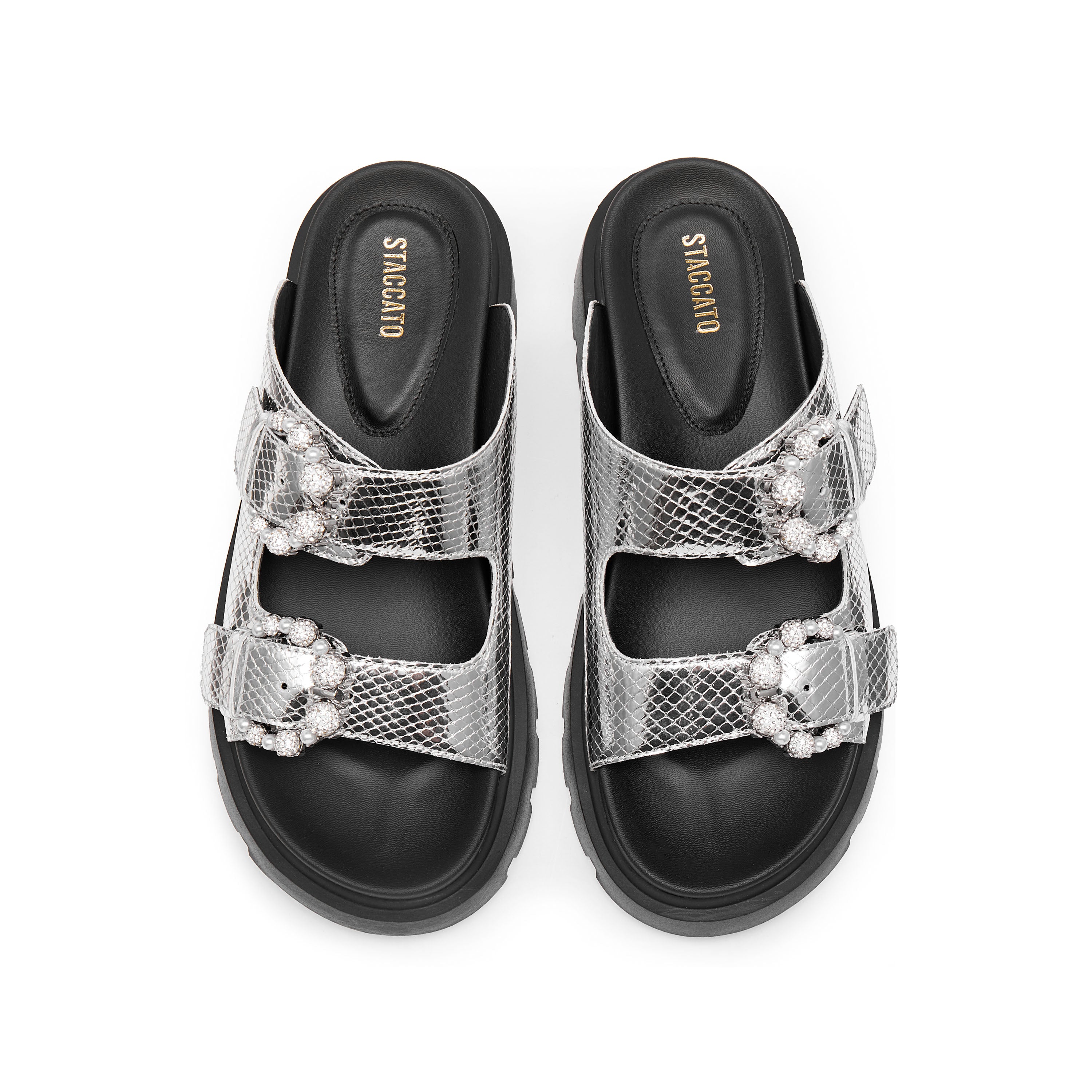 Metallic Crystal Buckle Double Straps Sandals