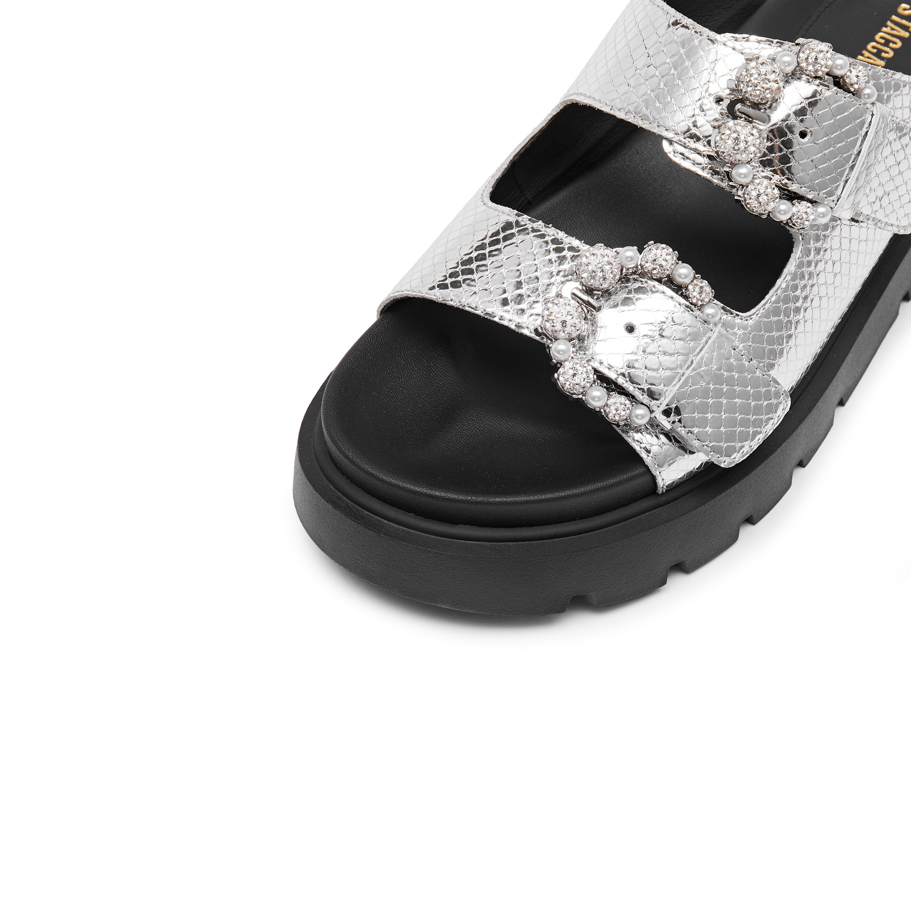 Metallic Crystal Buckle Double Straps Sandals