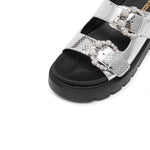 Load image into Gallery viewer, Metallic Crystal Buckle Double Straps Sandals
