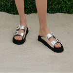 Load image into Gallery viewer, Metallic Crystal Buckle Double Straps Sandals
