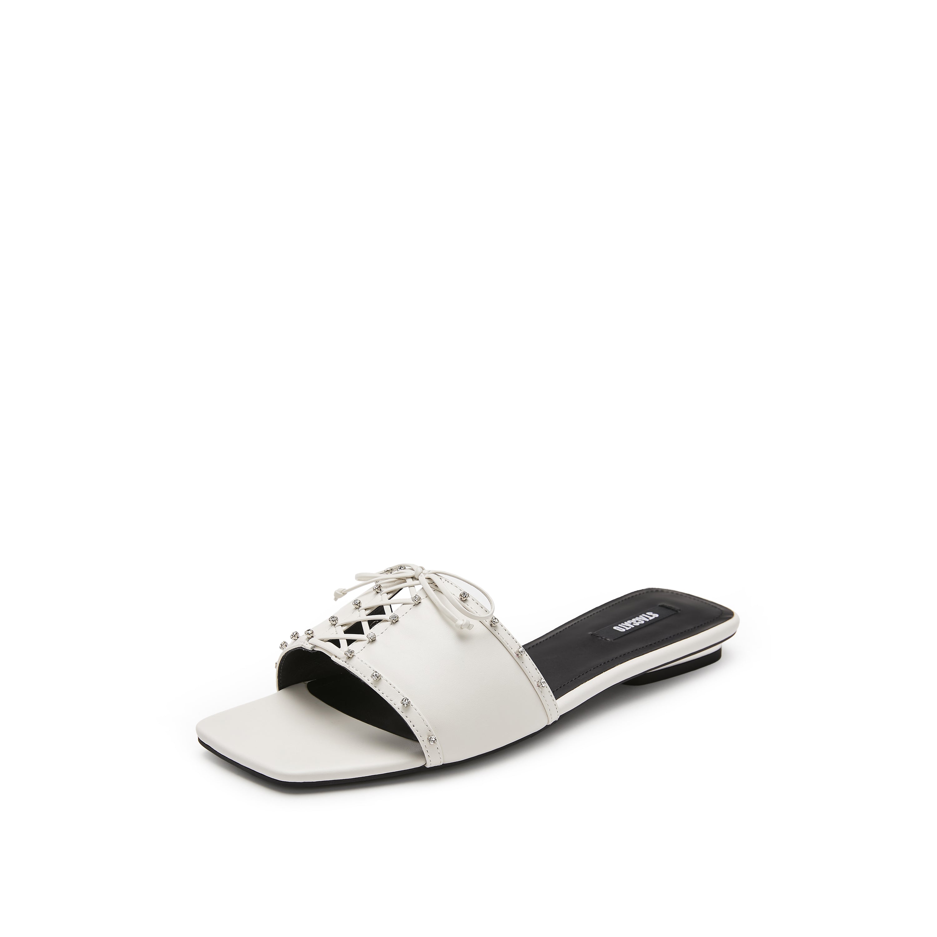 White Crystal Leather Lace Strap Slides