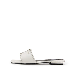 White Crystal Leather Lace Strap Slides