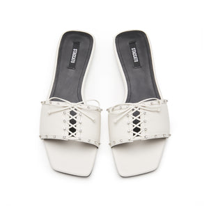 White Crystal Leather Lace Strap Slides