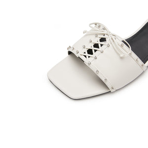 White Crystal Leather Lace Strap Slides