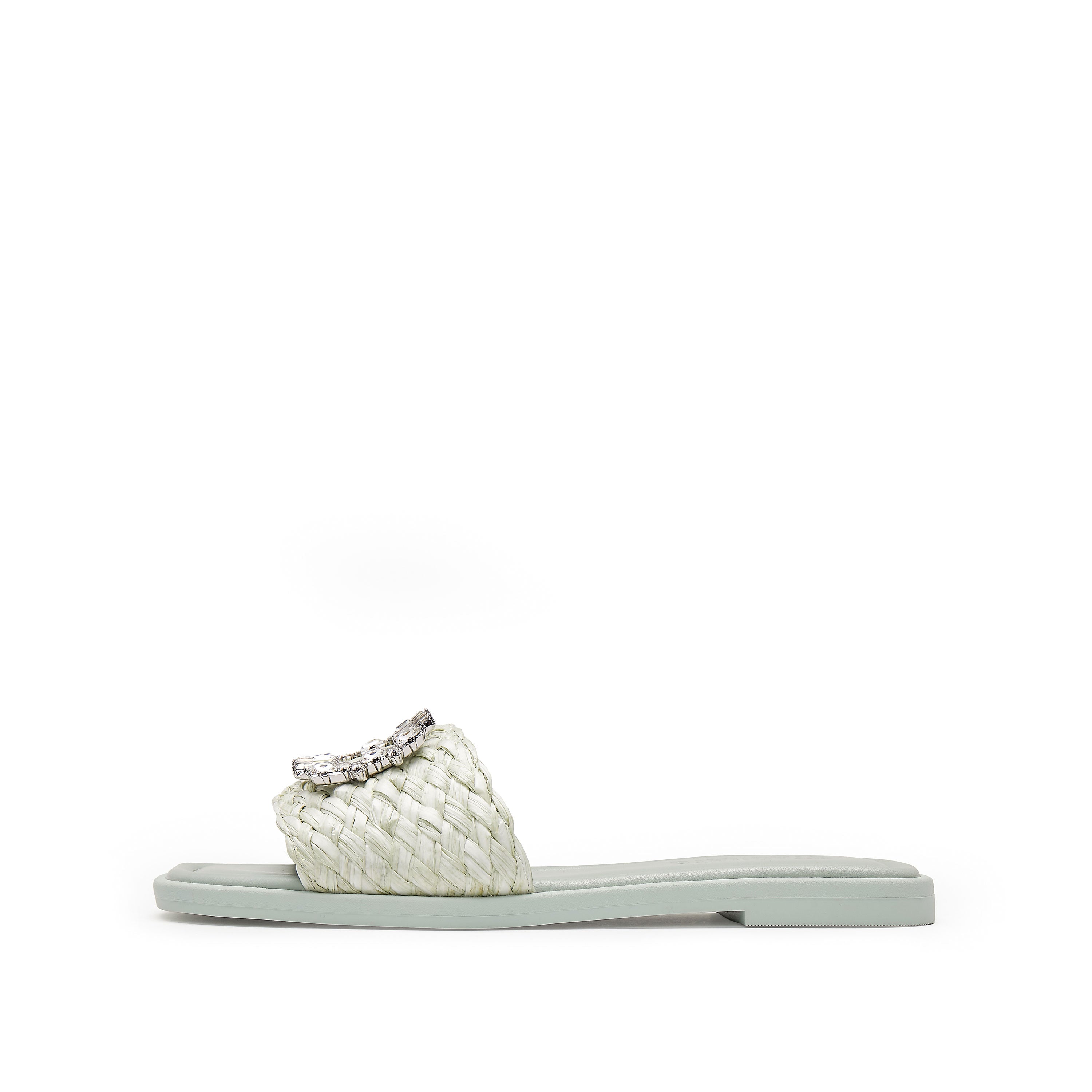 Mint Crystal Buckle Straw Strap Slides