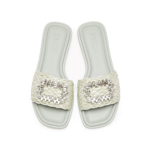 Mint Crystal Buckle Straw Strap Slides