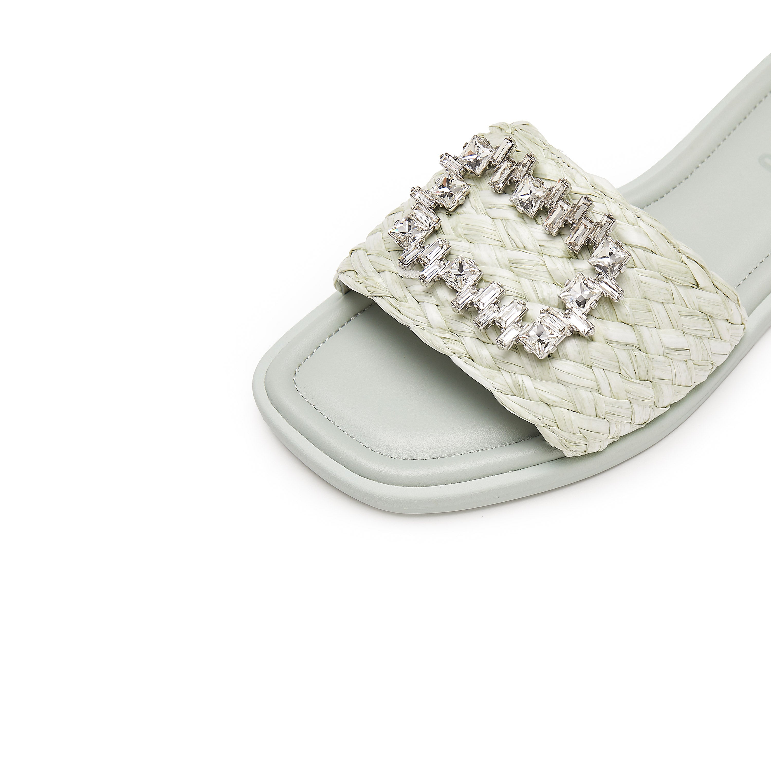 Mint Crystal Buckle Straw Strap Slides