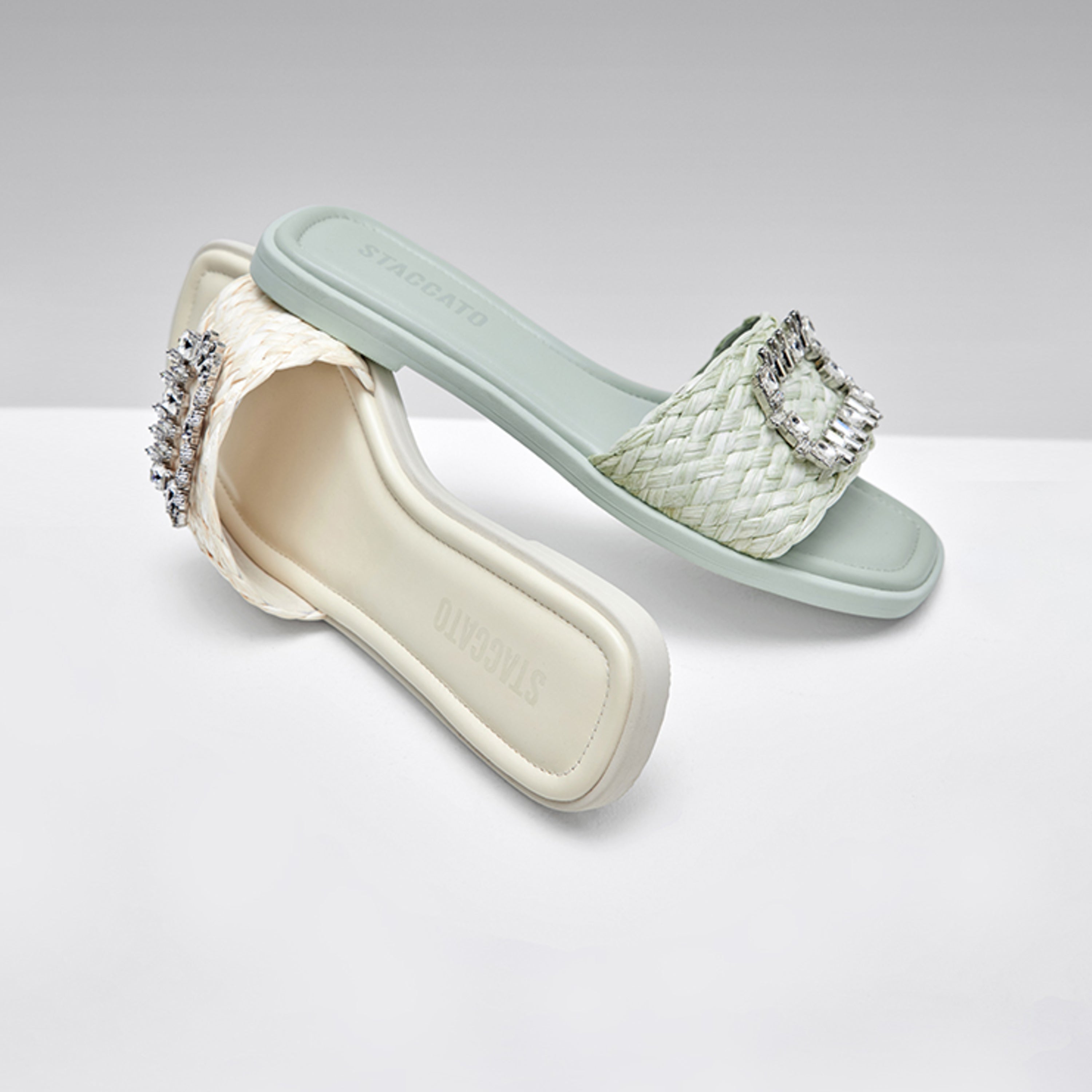 Mint Crystal Buckle Straw Strap Slides