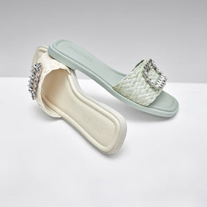 Mint Crystal Buckle Straw Strap Slides