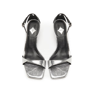 Silver Ankle Strap Block Heeled Sandals