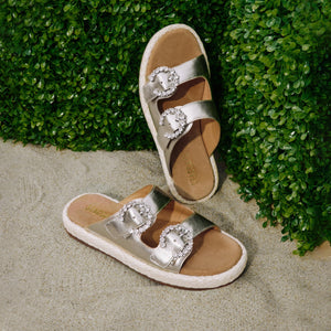 Metallic Crystal Buckle Straps Straw Sandals