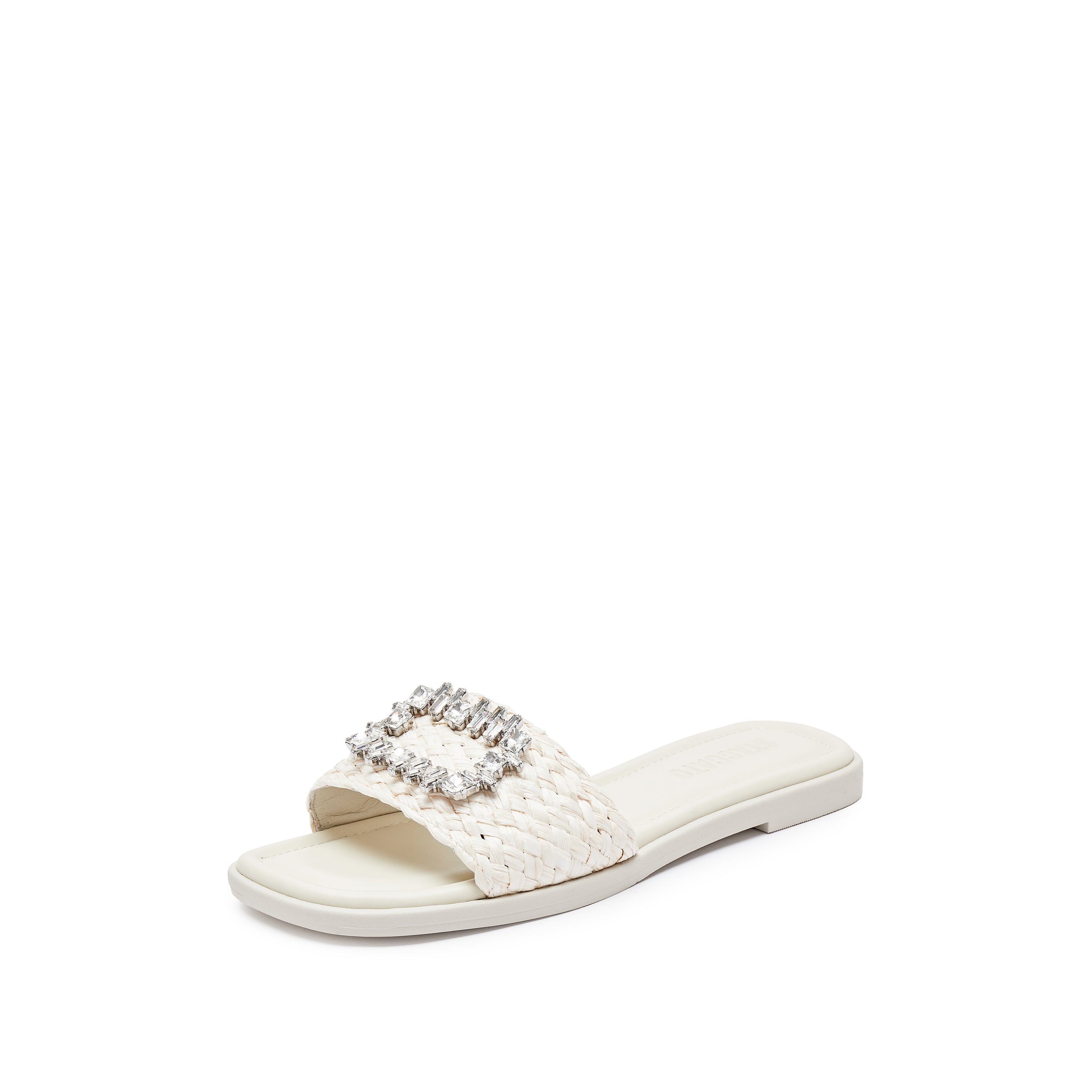 Beige Crystal Buckle Straw Strap Slides