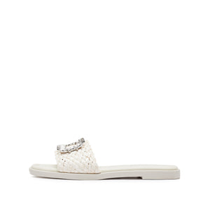 Beige Crystal Buckle Straw Strap Slides