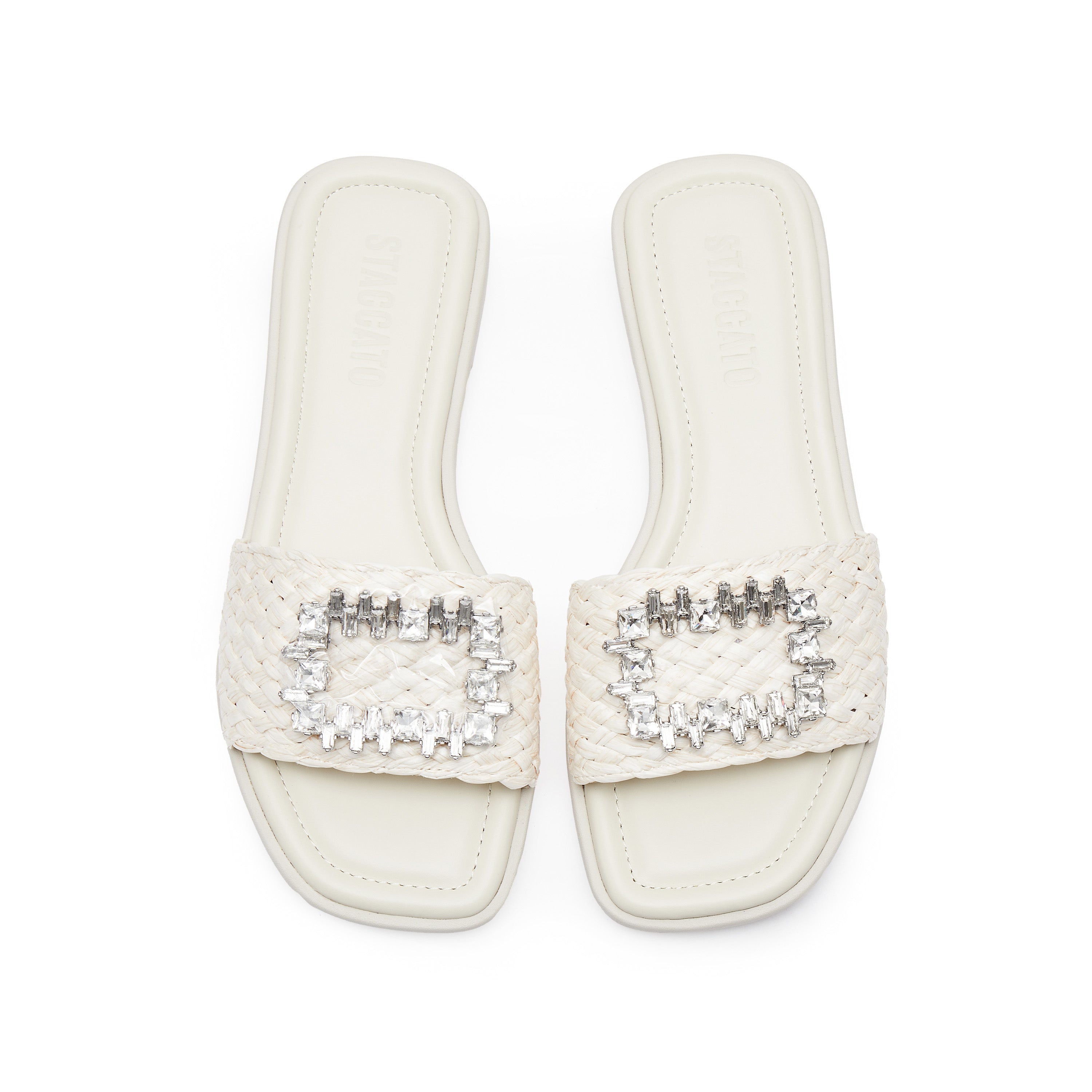 Beige Crystal Buckle Straw Strap Slides