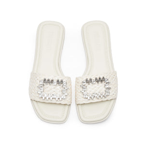 Beige Crystal Buckle Straw Strap Slides