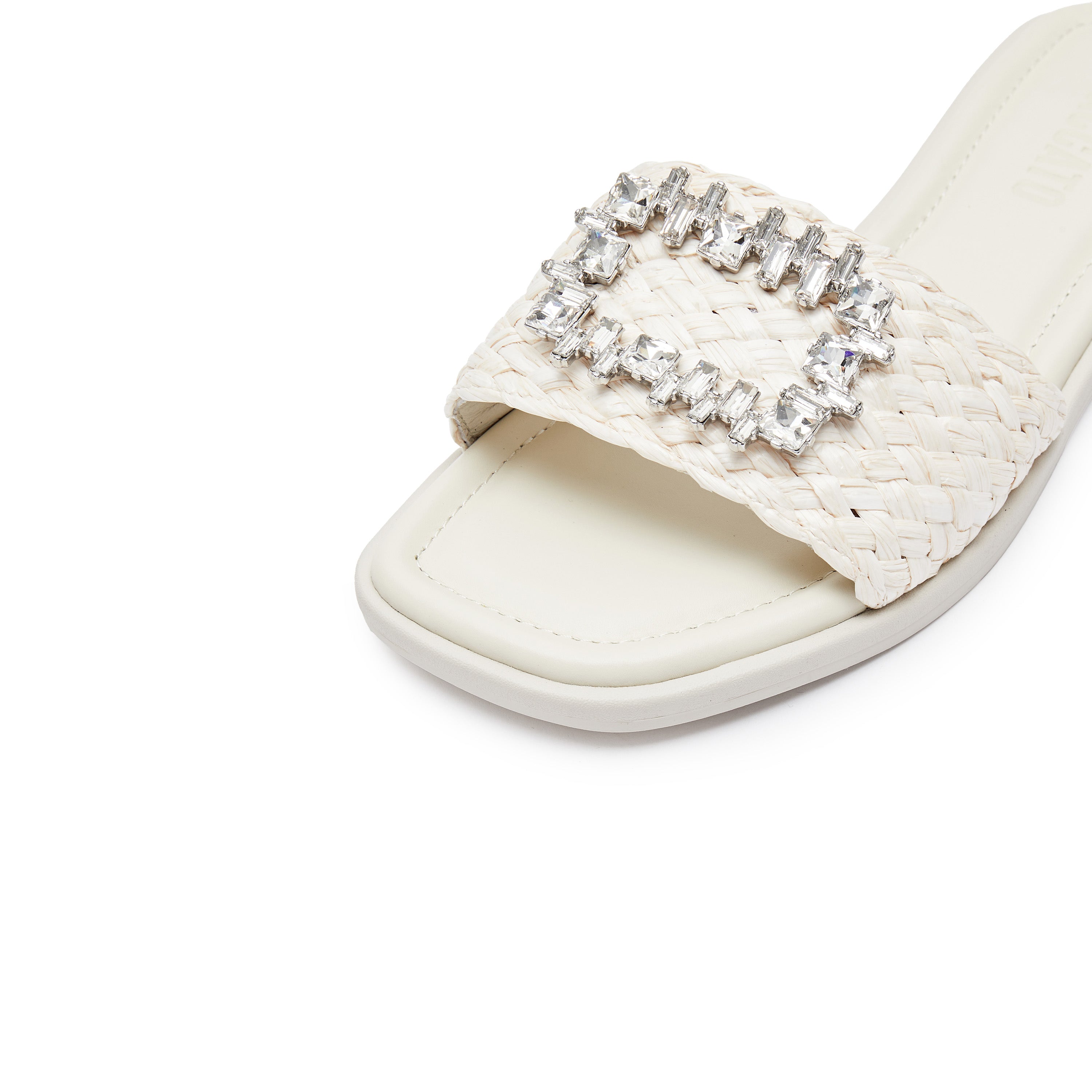 Beige Crystal Buckle Straw Strap Slides