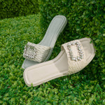 Load image into Gallery viewer, Beige Crystal Buckle Straw Strap Slides
