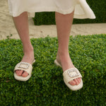 Load image into Gallery viewer, Beige Crystal Buckle Straw Strap Slides
