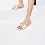 Load image into Gallery viewer, Beige Crystal Buckle Straw Strap Slides
