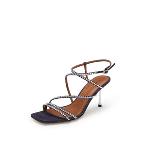 Denim Crystal Cross Strap Heeled Sandals