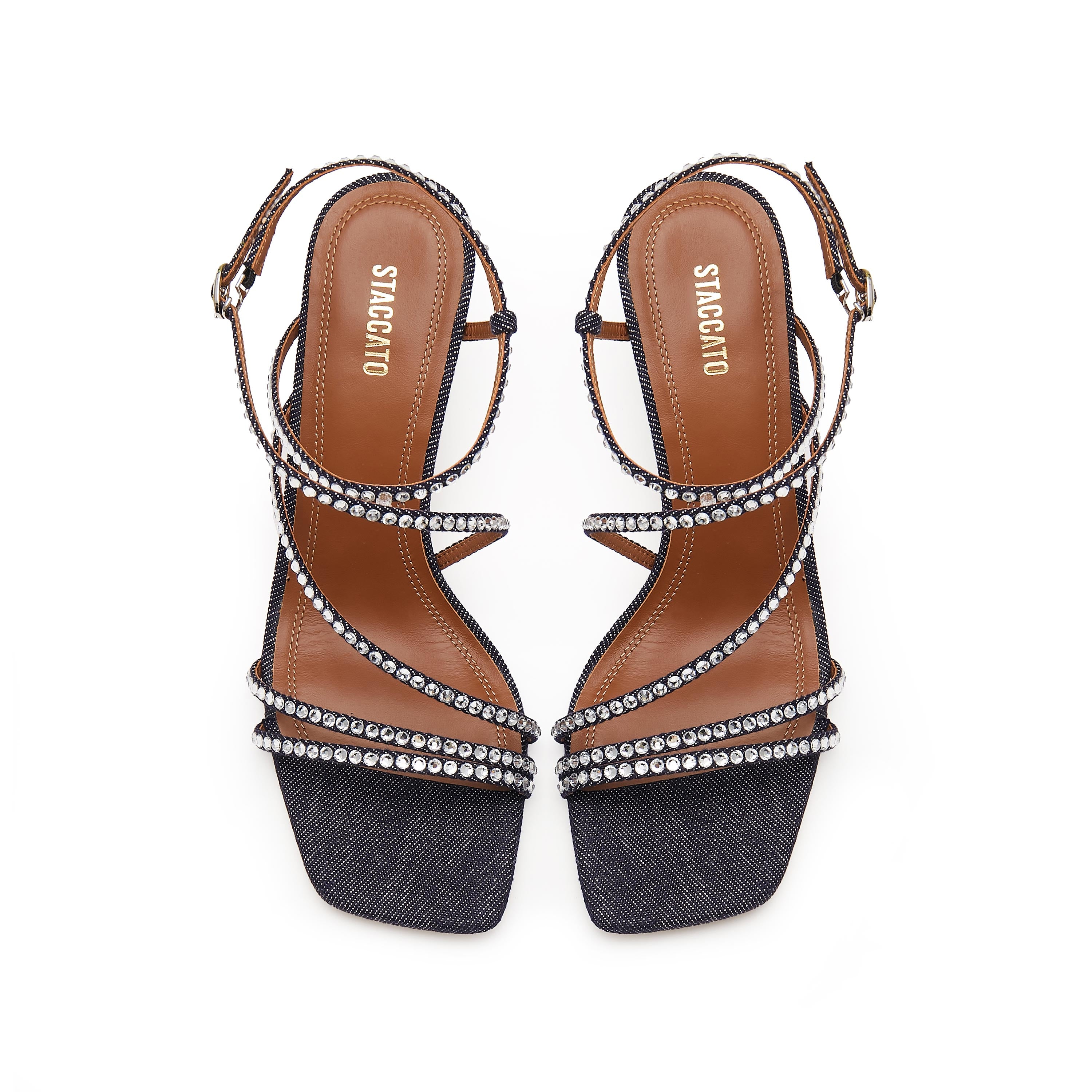 Denim Crystal Cross Strap Heeled Sandals