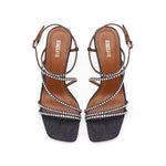 Load image into Gallery viewer, Denim Crystal Cross Strap Heeled Sandals
