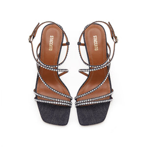 Denim Crystal Cross Strap Heeled Sandals