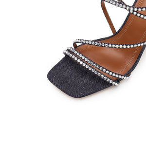 Denim Crystal Cross Strap Heeled Sandals