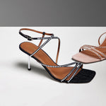 Load image into Gallery viewer, Denim Crystal Cross Strap Heeled Sandals
