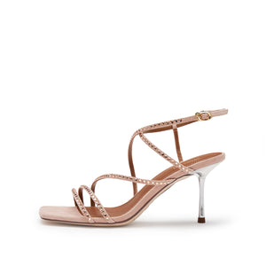 Pink Crystal Cross Strap Heeled Sandals