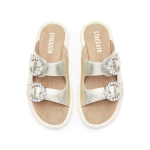 Metallic Crystal Buckle Straps Straw Sandals