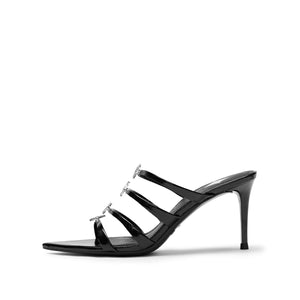 Black Strappy Heeled Pointy Mules