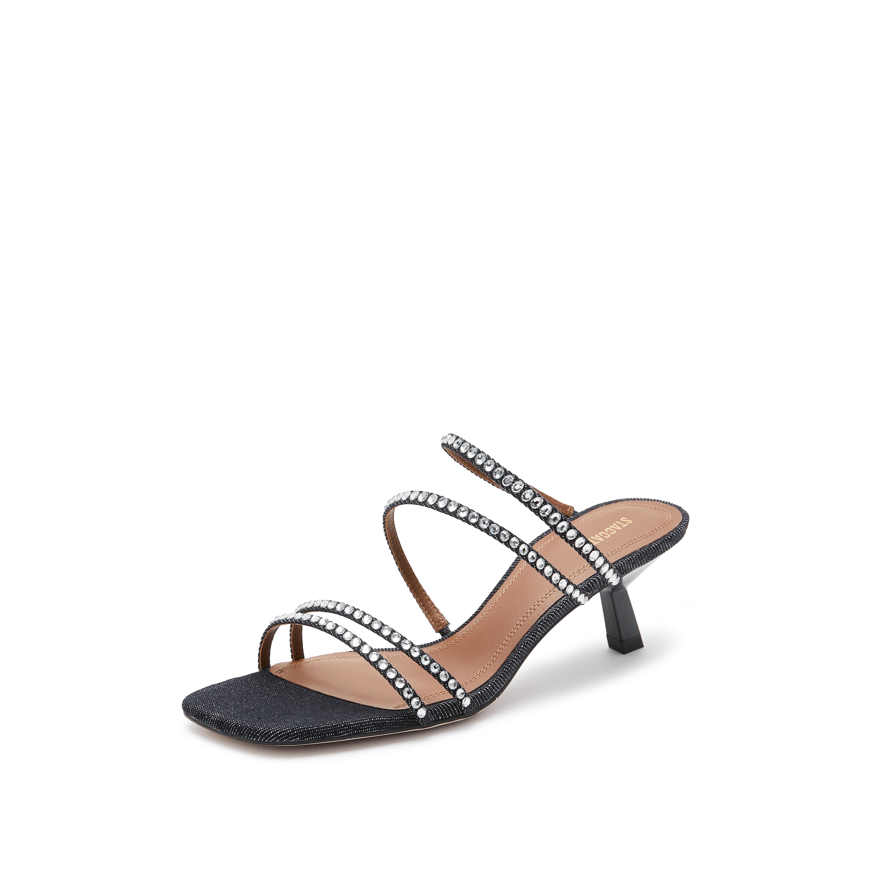 Denim Crystal Strappy Heeled Sandal Mule