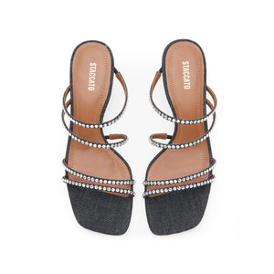 Denim Crystal Strappy Heeled Sandal Mule