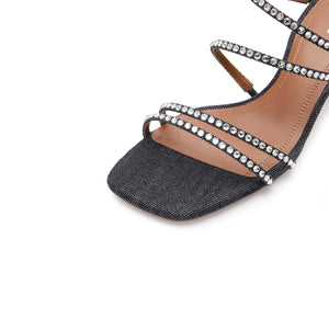 Denim Crystal Strappy Heeled Sandal Mule