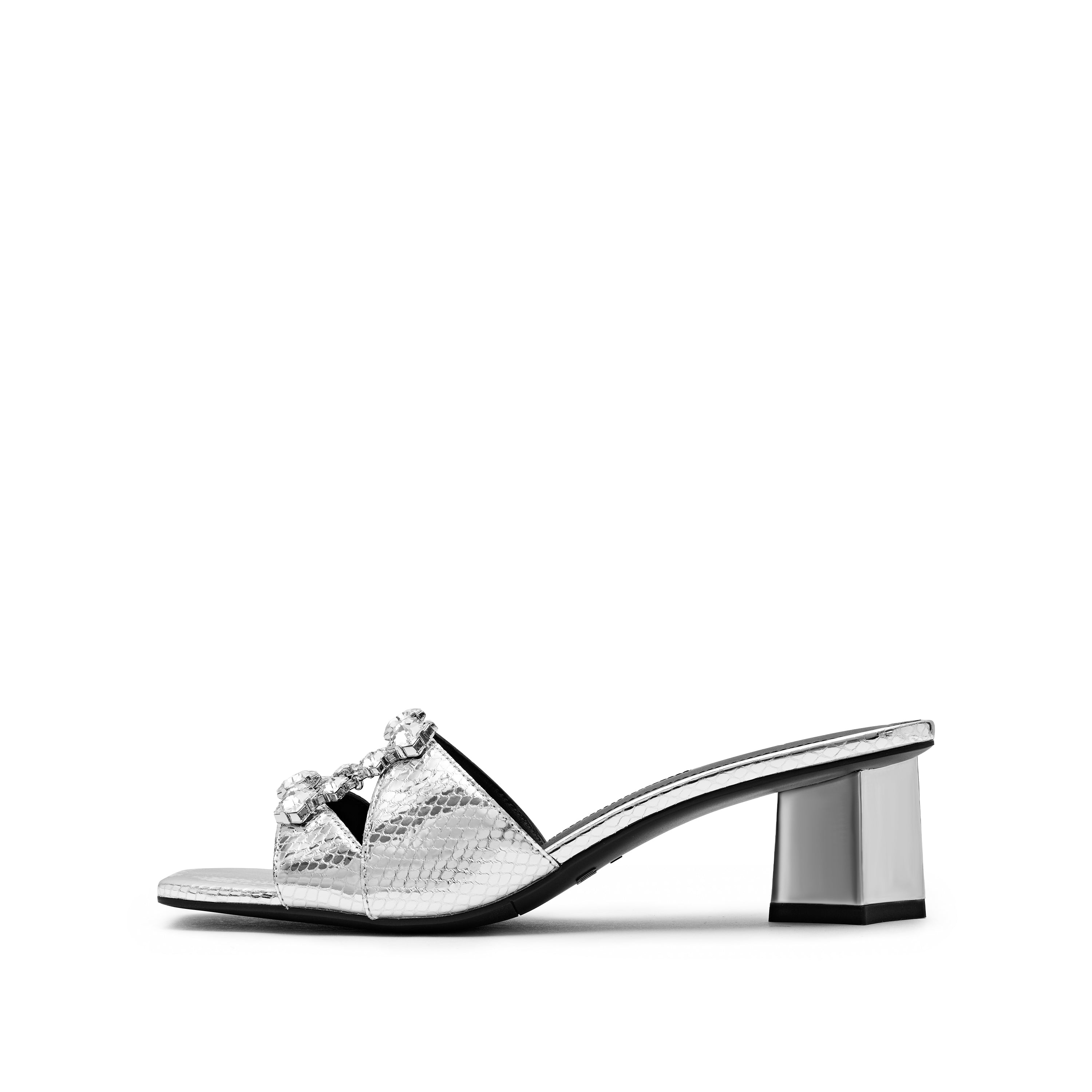 Silver Crystal Buckle Heeled Sandals