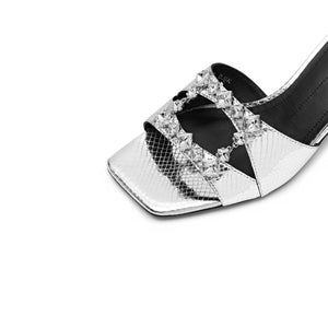 Silver Crystal Buckle Heeled Sandals