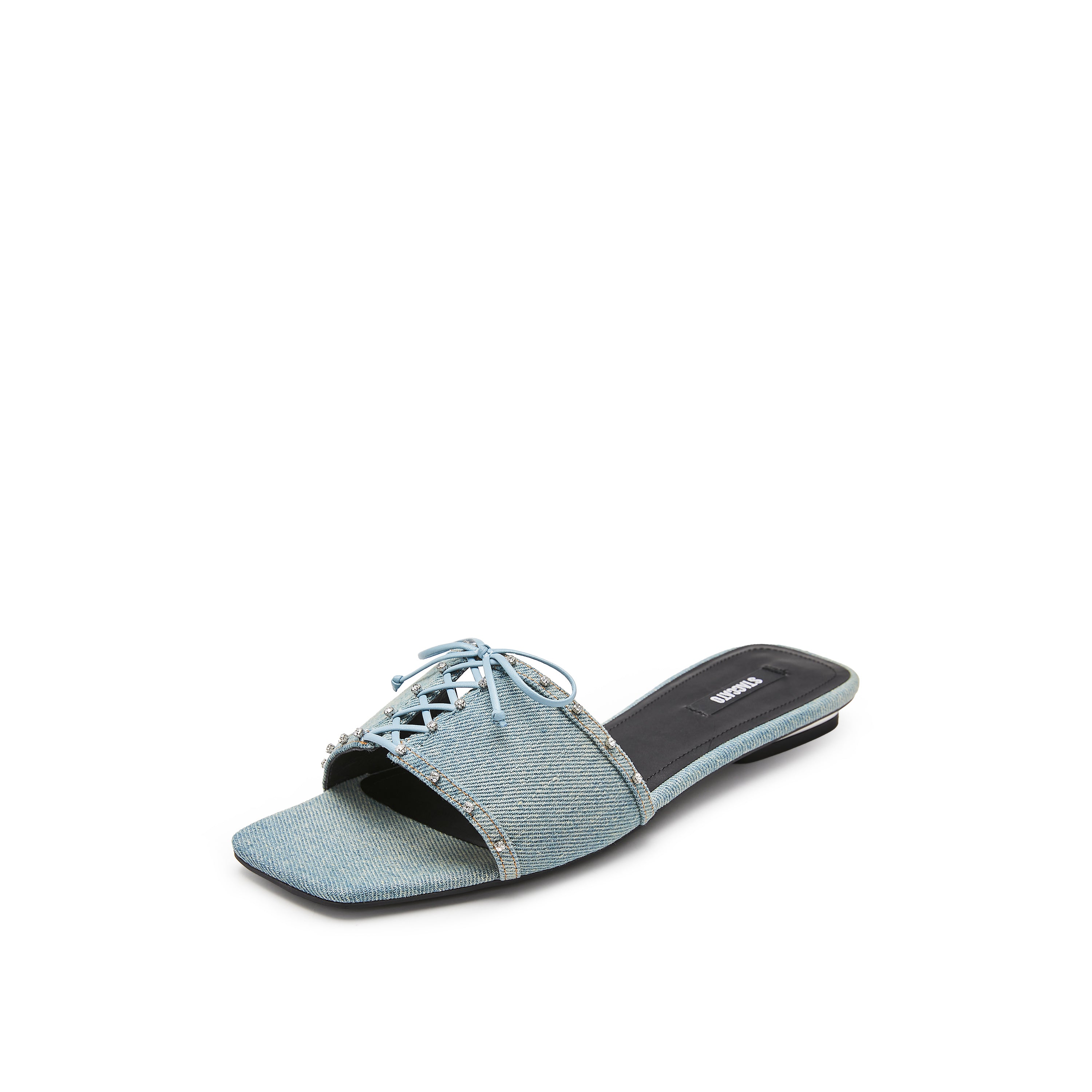 Denim Crystal Leather Lace Strap Slides