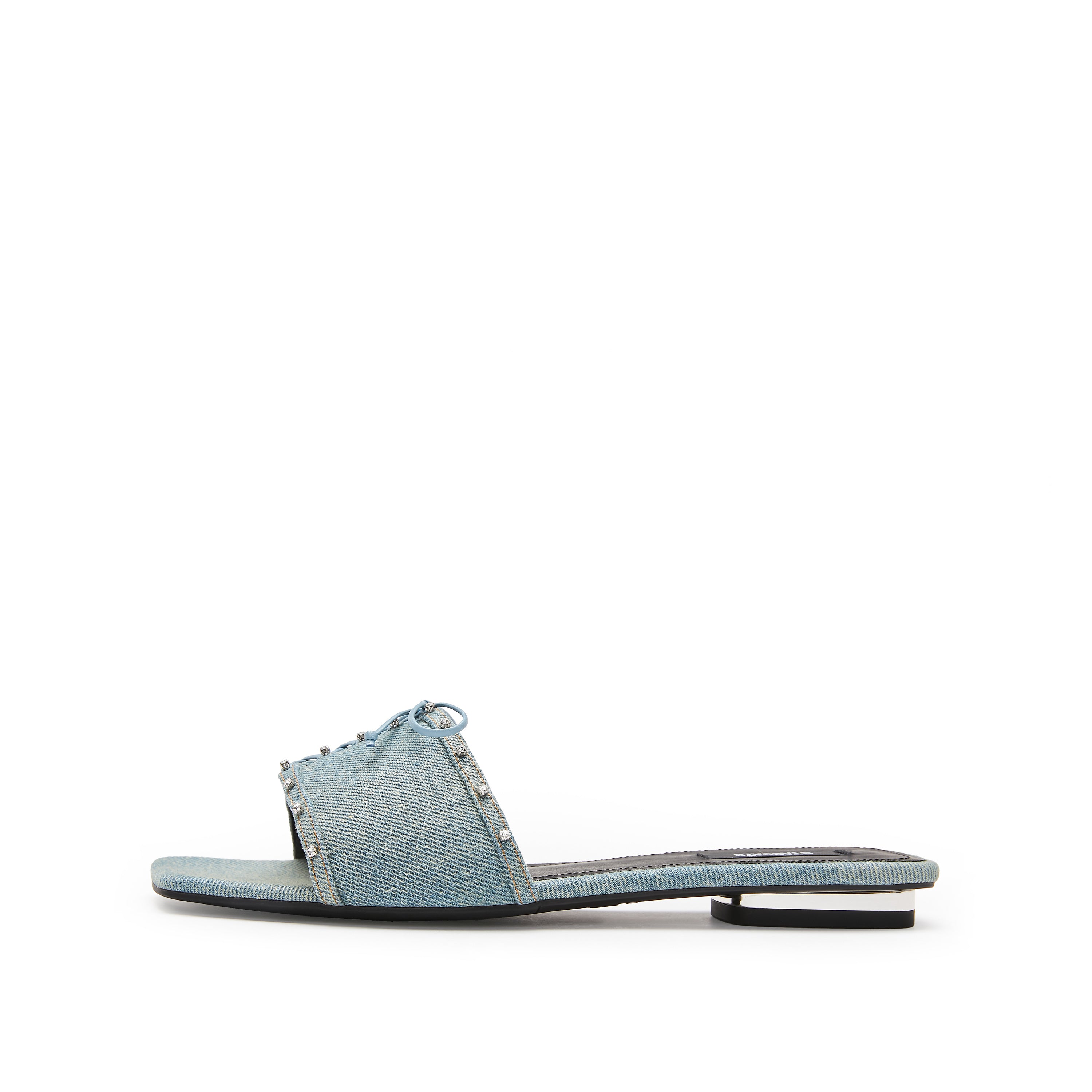 Denim Crystal Leather Lace Strap Slides