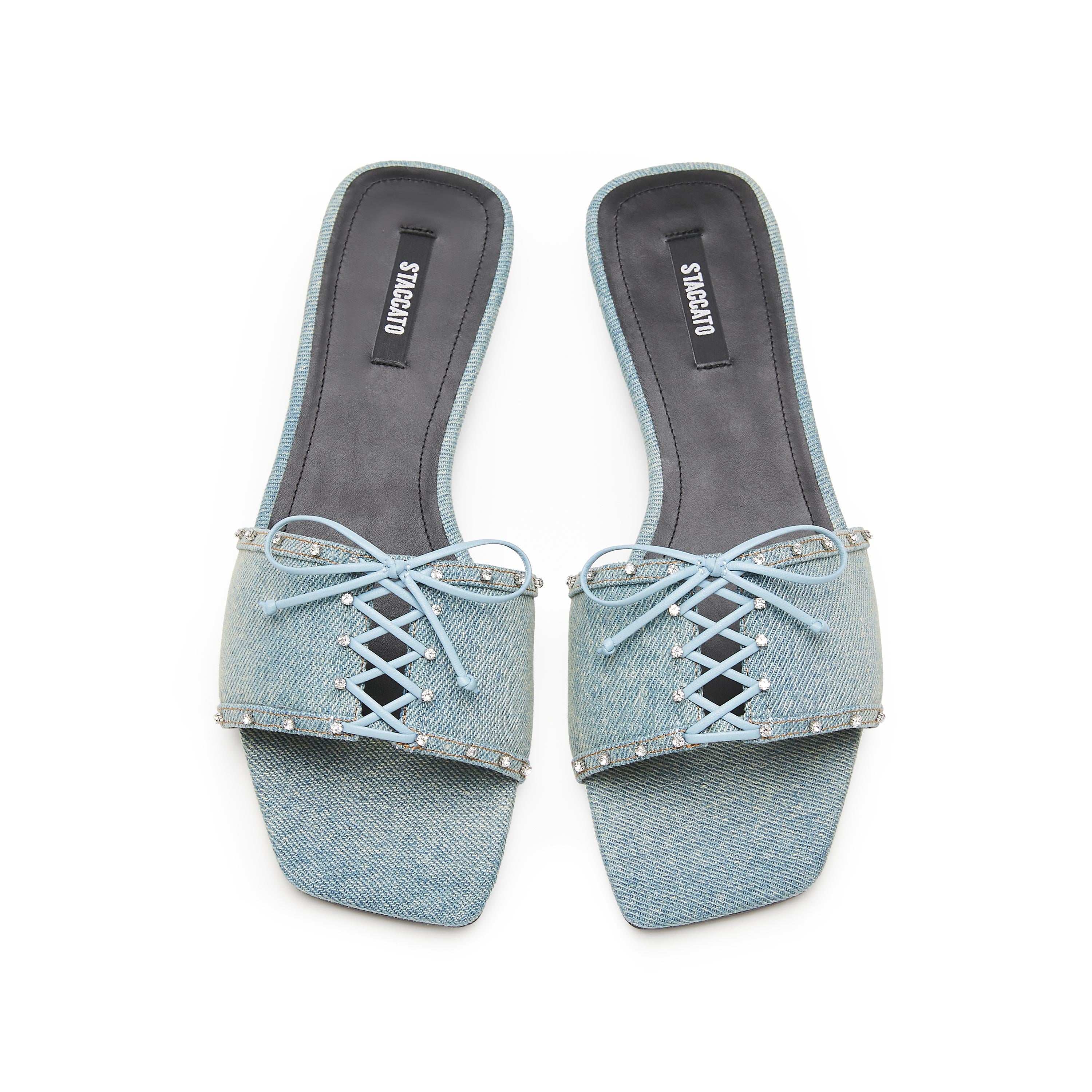 Denim Crystal Leather Lace Strap Slides