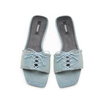 Load image into Gallery viewer, Denim Crystal Leather Lace Strap Slides
