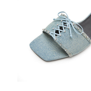 Denim Crystal Leather Lace Strap Slides