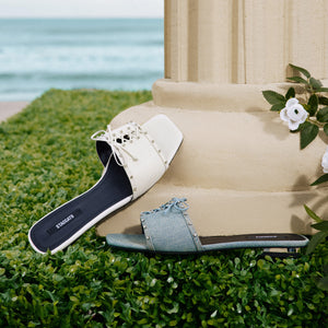 Denim Crystal Leather Lace Strap Slides