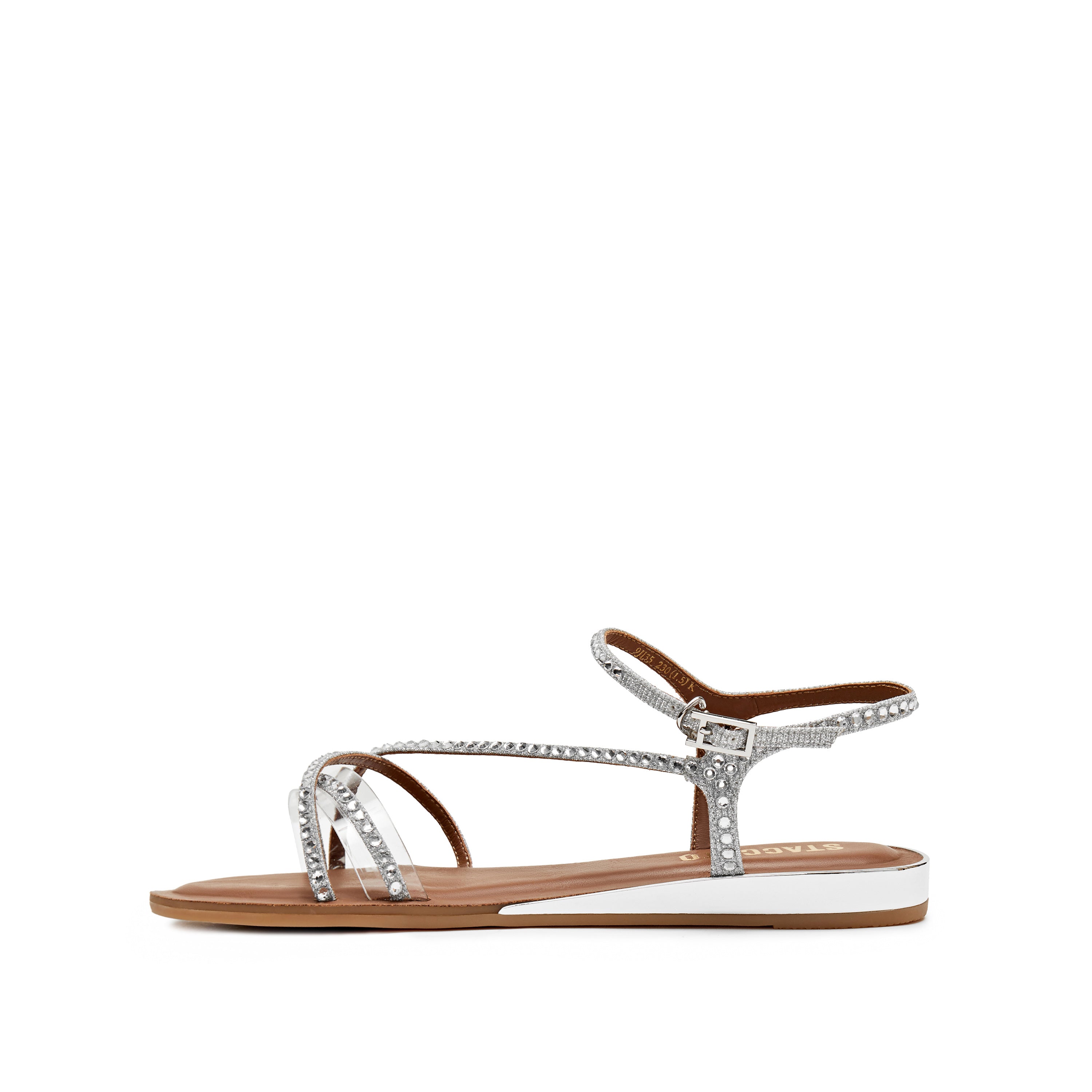 Silver Crystal Cross Strap Flat Sandals